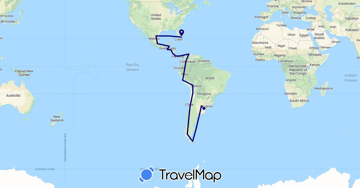 TravelMap itinerary: driving in Argentina, Bolivia, Bahamas, Belize, Chile, Colombia, Costa Rica, Guatemala, Honduras, Mexico, Panama, Peru, Venezuela (North America, South America)